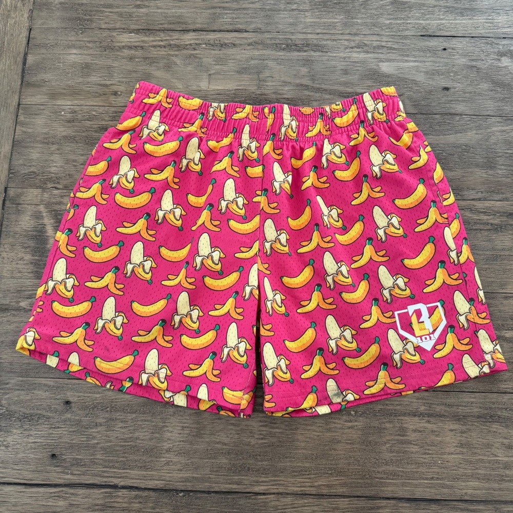 B101 Apparel Kids Pink Banana Print Mesh Basketball Shorts Size YXL